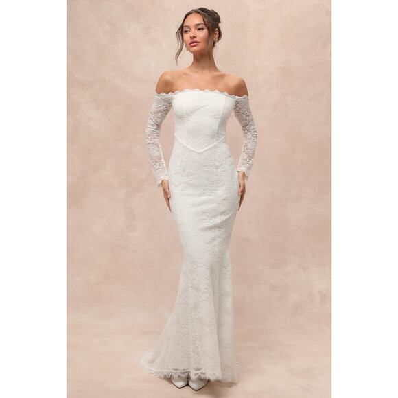 NWT Lulus Beloved Promise White Lace Off-the-Shoulder Mermaid Dress Bridal Sz M